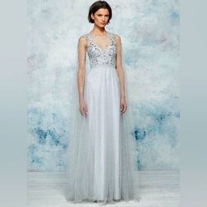 Marchesa Notte silver blue glitter cape tulle gown Size 8 NWT Fairytale